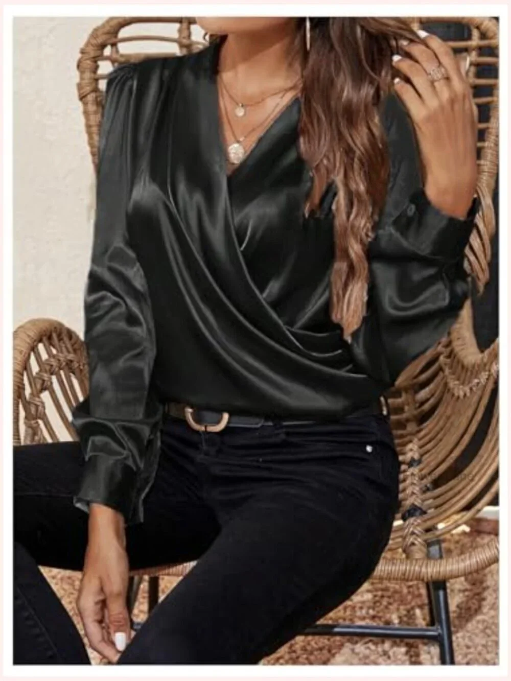 Women's Satin Silk V-Neck Wrap Blouse Long Sleeve Puff Sleeve Office Top - Picture 4 of 6